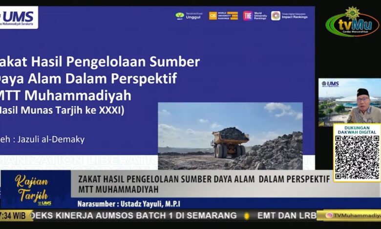 Kajian Tarjih Online UMS yang ditayangkan di tvMu mengenai Zakat Hasil Pengelolaan Sumber Daya Alam dalam Perspektif MTT Muhammadiyah dengan narasumber Ustadz Yayuli, M.P.I.