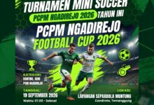 Poster resmi Turnamen Mini Soccer 2026 PCPM Ngadirejo Football Cup di Lapangan Muntung Temanggung.