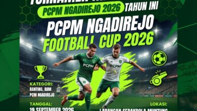 Poster resmi Turnamen Mini Soccer 2026 PCPM Ngadirejo Football Cup di Lapangan Muntung Temanggung.