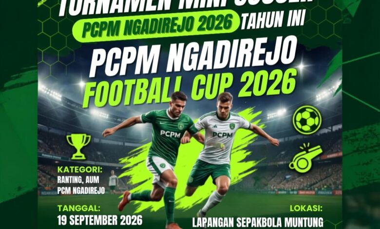 Poster resmi Turnamen Mini Soccer 2026 PCPM Ngadirejo Football Cup di Lapangan Muntung Temanggung.