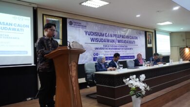Muhammad Nabil Miqdam menyampaikan kesan dan pesan mewakili wisudawan FIK UMS pada Yudisium dan Pelepasan Periode I Tahun Akademik 2026/2027.