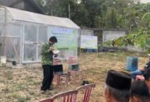 Mahasiswa PPK Ormawa HMP PTI UMS memperagakan alat teknologi IoT smart farming di depan petani Desa Seboto Boyolali dekat greenhouse