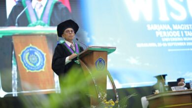 Rektor UMS Prof Harun Joko Prayitno menyampaikan amanat dalam acara Wisuda UMS 2026 di Edutorium KH Ahmad Dahlan