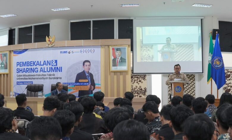 Pembekalan Wisuda FT UMS dalam rangka mempersiapkan calon alumni menghadapi dunia kerja era AI di Ruang Seminar Gedung Induk Siti Walidah UMS.