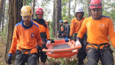 Relawan SAR Muhammadiyah Jawa Tengah melakukan simulasi evakuasi membawa tandu penyelamat di kawasan hutan Gunung Telon Purworejo.