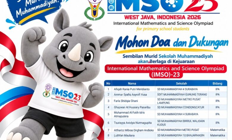Poster sembilan murid sekolah dasar Muhammadiyah wakili Indonesia di IMSO-23 lengkap dengan daftar nama dan asal sekolah.