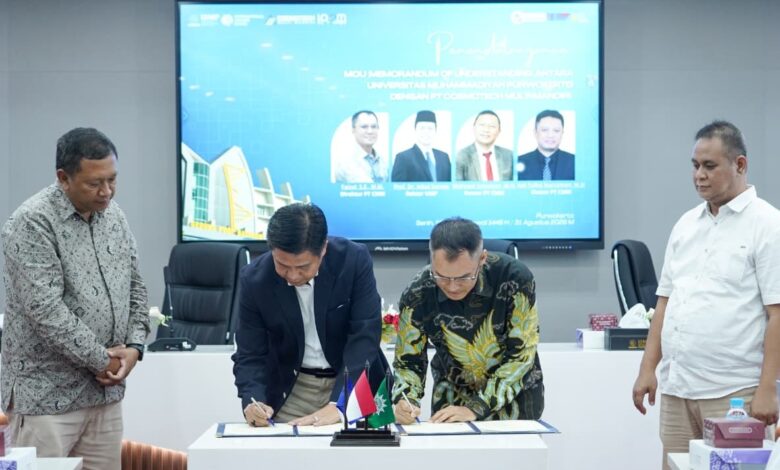 Penandatanganan MoU hilirisasi riset UMP bersama PT Cosmotech Multi Mandiri oleh Rektor Prof Jebul Suroso di Purwokerto.