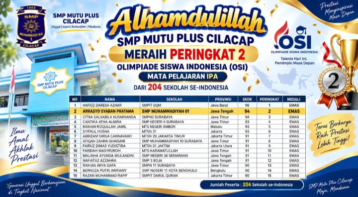 ucapan selamat SMP Mutu Plus Cilacap raih peringkat 2 Olimpiade Siswa Indonesia IPA atas nama Arrasyd Syaban Pratama
