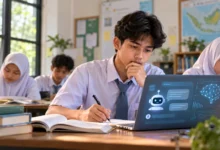 Ilustrasi siswa menggunakan AI untuk belajar sambil menulis catatan dan berpikir kritis di ruang kelas.