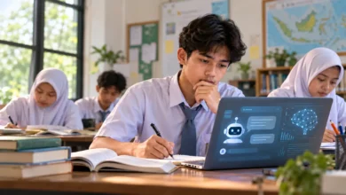 Ilustrasi siswa menggunakan AI untuk belajar sambil menulis catatan dan berpikir kritis di ruang kelas.