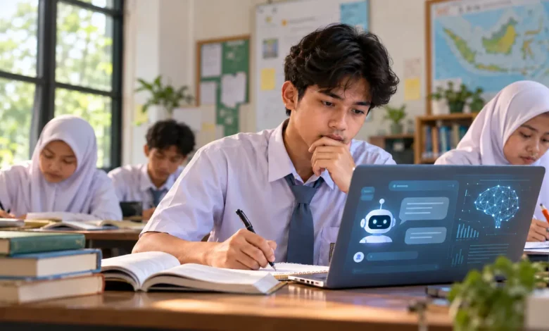 Ilustrasi siswa menggunakan AI untuk belajar sambil menulis catatan dan berpikir kritis di ruang kelas.