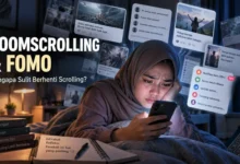 Ilustrasi perempuan muda berhijab mengalami kelelahan akibat doomscrolling dan FOMO saat melihat berita negatif serta notifikasi media sosial melalui smartphone pada malam hari.