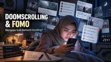 Ilustrasi perempuan muda berhijab mengalami kelelahan akibat doomscrolling dan FOMO saat melihat berita negatif serta notifikasi media sosial melalui smartphone pada malam hari.