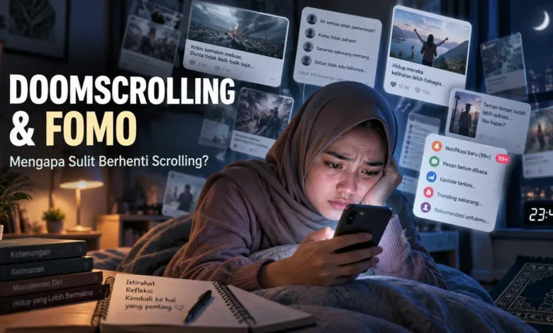 Ilustrasi perempuan muda berhijab mengalami kelelahan akibat doomscrolling dan FOMO saat melihat berita negatif serta notifikasi media sosial melalui smartphone pada malam hari.