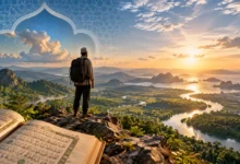 Ilustrasi tafsir Surah Al-Mulk ayat 15 tentang manusia menjelajahi bumi dan menjaga alam tanpa eksploitasi.