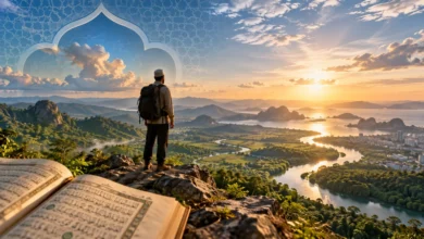 Ilustrasi tafsir Surah Al-Mulk ayat 15 tentang manusia menjelajahi bumi dan menjaga alam tanpa eksploitasi.