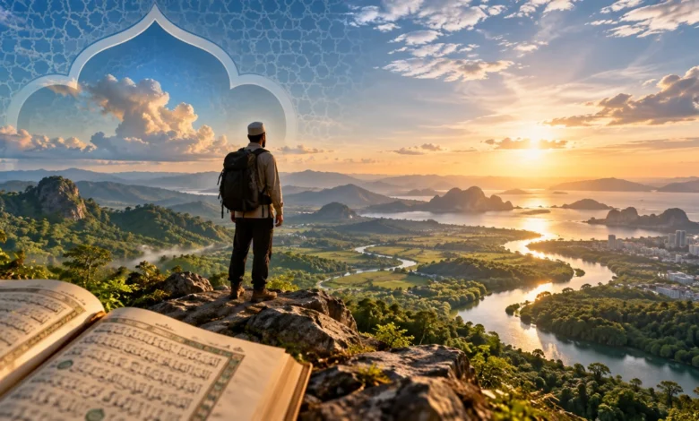 Ilustrasi tafsir Surah Al-Mulk ayat 15 tentang manusia menjelajahi bumi dan menjaga alam tanpa eksploitasi.