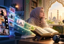 Ilustrasi pembelajaran tafsir Al-Qur'an di era digital melalui TikTok dan podcast, menampilkan muslimah, Al-Qur'an, smartphone, dan mikrofon.