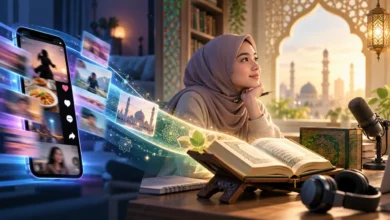Ilustrasi pembelajaran tafsir Al-Qur'an di era digital melalui TikTok dan podcast, menampilkan muslimah, Al-Qur'an, smartphone, dan mikrofon.