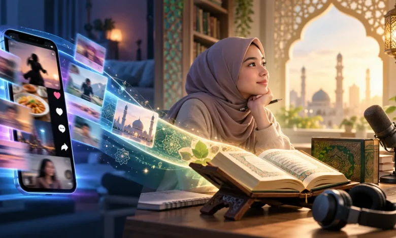 Ilustrasi pembelajaran tafsir Al-Qur'an di era digital melalui TikTok dan podcast, menampilkan muslimah, Al-Qur'an, smartphone, dan mikrofon.