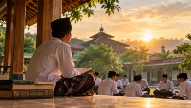 Seorang santri mengenakan peci hitam dan sarung membaca kitab di serambi pesantren, sementara santri lainnya belajar bersama saat matahari terbenam.