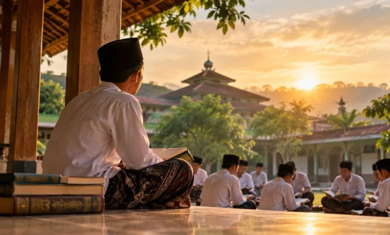 Seorang santri mengenakan peci hitam dan sarung membaca kitab di serambi pesantren, sementara santri lainnya belajar bersama saat matahari terbenam.