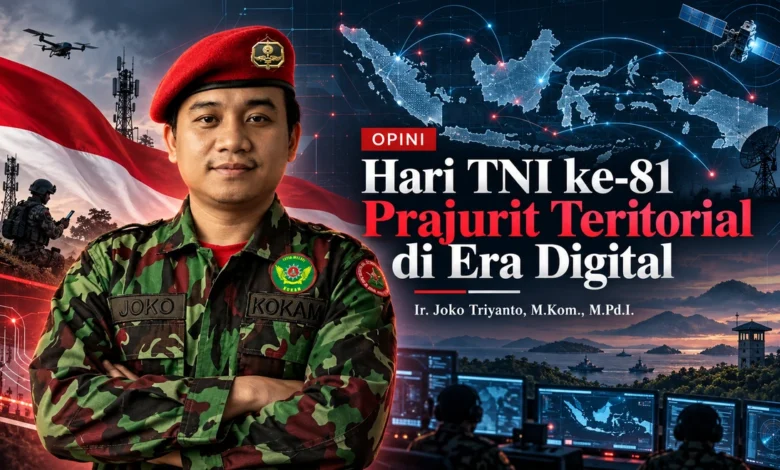 Ir. Joko Triyanto dalam ilustrasi opini Hari TNI ke-81 tentang prajurit teritorial dan pertahanan siber di era digital.