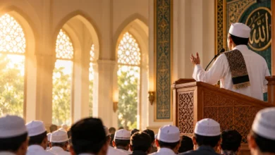 Khatib menyampaikan khutbah Jumat di hadapan jamaah masjid, ilustrasi pentingnya ikhlas beramal tanpa mengharapkan pujian.