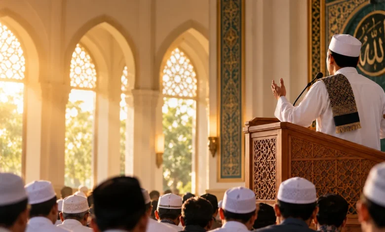 Khatib menyampaikan khutbah Jumat di hadapan jamaah masjid, ilustrasi pentingnya ikhlas beramal tanpa mengharapkan pujian.