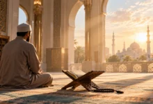 Seorang muslim duduk merenung di dalam masjid dengan Al-Qur'an terbuka, menggambarkan pesan khutbah Jumat tentang taubat dan ampunan Allah.