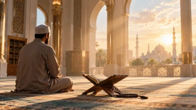Seorang muslim duduk merenung di dalam masjid dengan Al-Qur'an terbuka, menggambarkan pesan khutbah Jumat tentang taubat dan ampunan Allah.