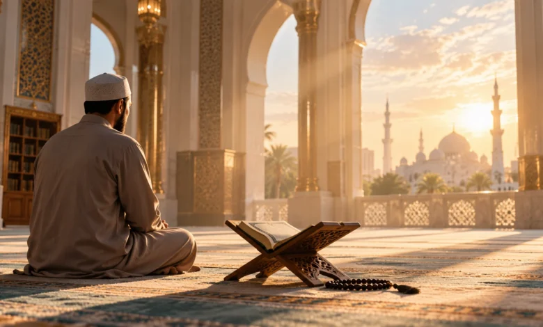 Seorang muslim duduk merenung di dalam masjid dengan Al-Qur'an terbuka, menggambarkan pesan khutbah Jumat tentang taubat dan ampunan Allah.
