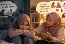 Ilustrasi seorang ibu berhijab mendampingi dan mendengarkan anak perempuannya yang sedang mengalami kesulitan emosional, sebagai gambaran pentingnya dukungan keluarga terhadap kesehatan mental.