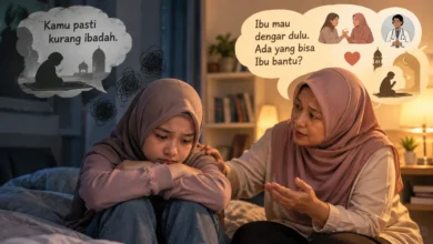Ilustrasi seorang ibu berhijab mendampingi dan mendengarkan anak perempuannya yang sedang mengalami kesulitan emosional, sebagai gambaran pentingnya dukungan keluarga terhadap kesehatan mental.