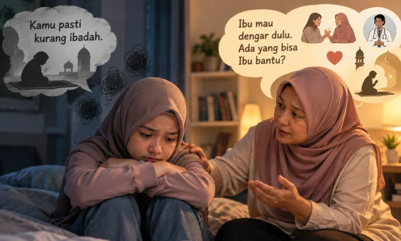 Ilustrasi seorang ibu berhijab mendampingi dan mendengarkan anak perempuannya yang sedang mengalami kesulitan emosional, sebagai gambaran pentingnya dukungan keluarga terhadap kesehatan mental.