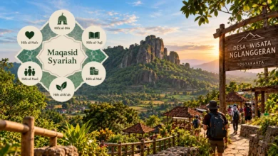 Ilustrasi maqasid syariah dalam fikih pariwisata berkelanjutan dengan latar lanskap Gunung Api Purba Nglanggeran, Yogyakarta.