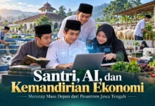 Ilustrasi santri Jawa Tengah mempelajari teknologi AI melalui laptop serta mengembangkan keterampilan wirausaha di bidang perikanan, peternakan, pertanian, dan menjahit.