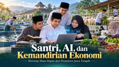 Ilustrasi santri Jawa Tengah mempelajari teknologi AI melalui laptop serta mengembangkan keterampilan wirausaha di bidang perikanan, peternakan, pertanian, dan menjahit.