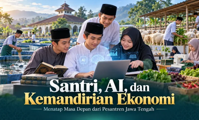 Ilustrasi santri Jawa Tengah mempelajari teknologi AI melalui laptop serta mengembangkan keterampilan wirausaha di bidang perikanan, peternakan, pertanian, dan menjahit.