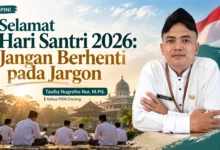Ilustrasi Hari Santri 2026 dengan foto Taufiq Nugroho Nur, M.Pd., dan para santri berlatar pesantren.