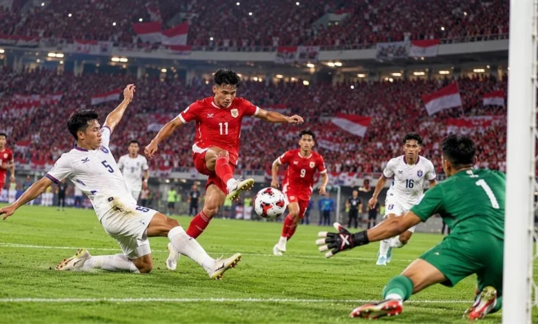 Pemain Timnas Indonesia melepaskan tembakan ke gawang Thailand dalam pertandingan FIFA ASEAN Cup 2026.