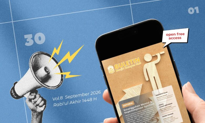 Poster rilis resmi Buletin Masjid UMS Vol 8 Edisi September 2026 tentang kesehatan mental mahasiswa dan kepemimpinan spiritual.