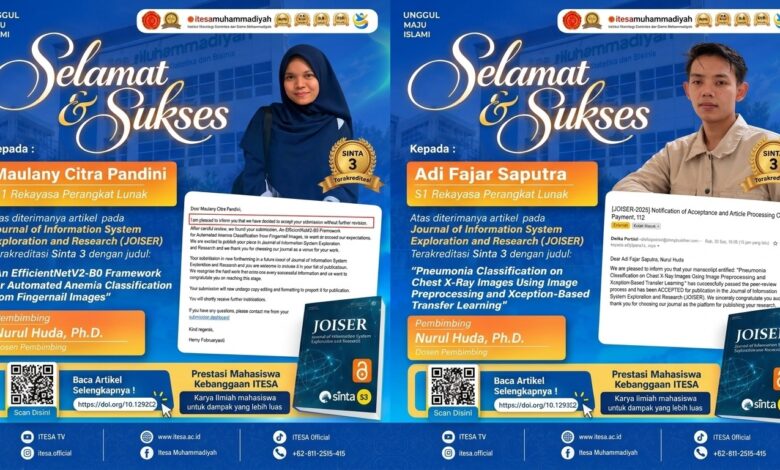 Poster ucapan selamat atas penerimaan artikel ilmiah mahasiswa S1 RPL ITESA Muhammadiyah Semarang, Maulany Citra Pandini dan Adi Fajar Saputra, di jurnal JOISER terakreditasi SINTA 3.