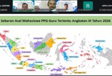 Tampilan layar orientasi daring PPG UMPWR yang menampilkan peta sebaran asal mahasiswa PPG Guru Tertentu Angkatan III Tahun 2026 dari berbagai provinsi di Indonesia.