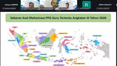 Tampilan layar orientasi daring PPG UMPWR yang menampilkan peta sebaran asal mahasiswa PPG Guru Tertentu Angkatan III Tahun 2026 dari berbagai provinsi di Indonesia.