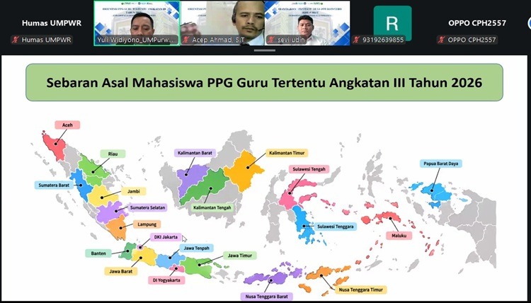 Tampilan layar orientasi daring PPG UMPWR yang menampilkan peta sebaran asal mahasiswa PPG Guru Tertentu Angkatan III Tahun 2026 dari berbagai provinsi di Indonesia.