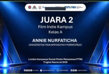 Poster pengumuman Juara 2 Film Indie Kampus mahasiswi Universitas Muhammadiyah Purworejo atas nama Annie Nurfaticha dalam Lomba Kampanye Sosial Media PTMA Tingkat Nasional 2026.