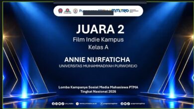 Poster pengumuman Juara 2 Film Indie Kampus mahasiswi Universitas Muhammadiyah Purworejo atas nama Annie Nurfaticha dalam Lomba Kampanye Sosial Media PTMA Tingkat Nasional 2026.