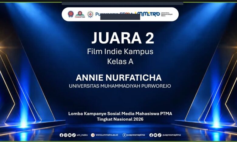 Poster pengumuman Juara 2 Film Indie Kampus mahasiswi Universitas Muhammadiyah Purworejo atas nama Annie Nurfaticha dalam Lomba Kampanye Sosial Media PTMA Tingkat Nasional 2026.