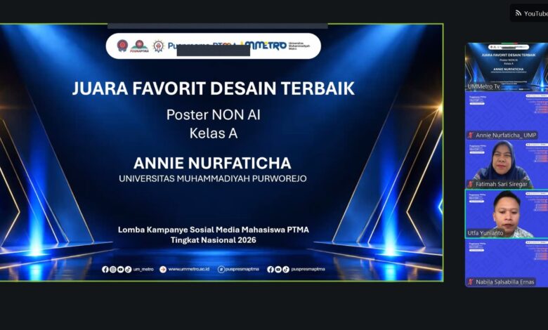 Pengumuman Annie Nurfaticha dari Universitas Muhammadiyah Purworejo sebagai Juara Favorit Desain Terbaik Poster Non AI Lomba Desain Poster PTMA 2026.